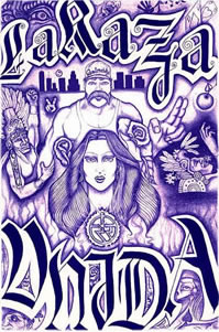 La Raza Unida drawing shows original unity symbol pendant - by artist Jose Quezada (1997)